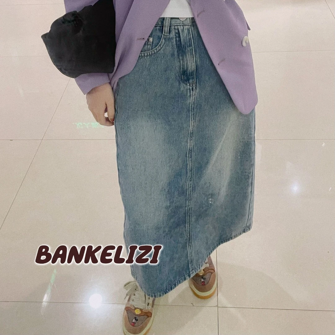 （四季款）复古后开叉牛仔半身裙(小个子版)