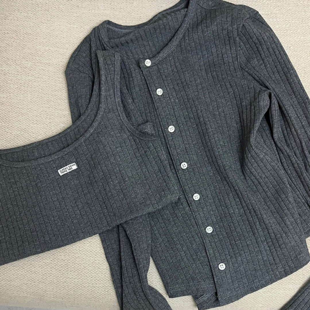 秋季色织灰氛围感针织开衫背心两件套（小个子定制）