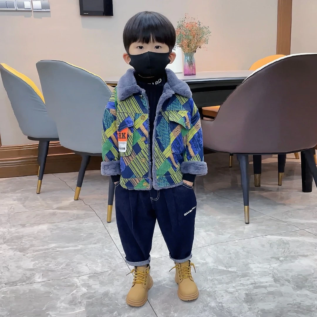 男童牛仔外套秋冬新款加绒加厚外套冬季宝宝洋气童装小童保暖牛仔