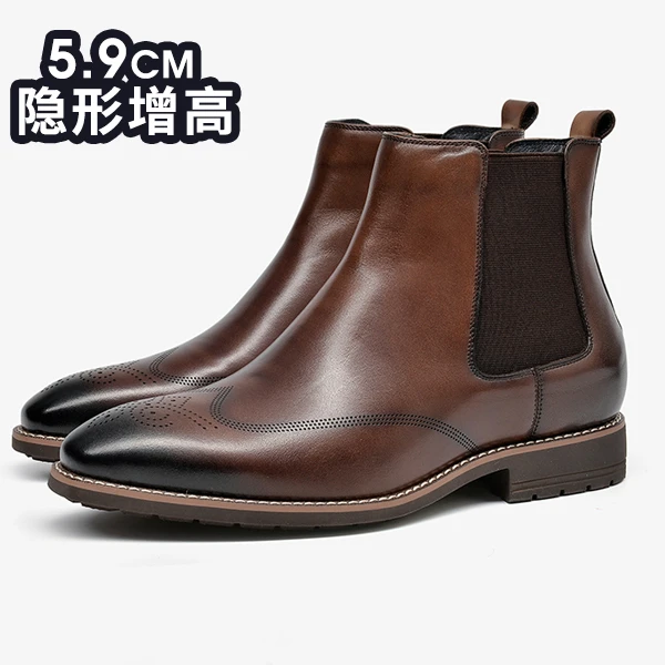 【意式手工定制】【隐形增高5.9CM】男式切尔西靴高帮冬季