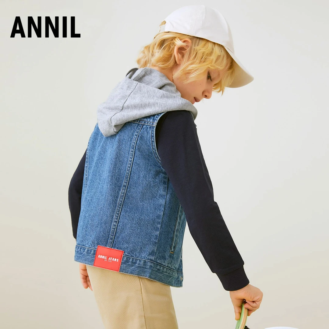 ANNIL/安奈儿男童带帽牛仔马甲2025春装新款大童背心坎肩无袖外套