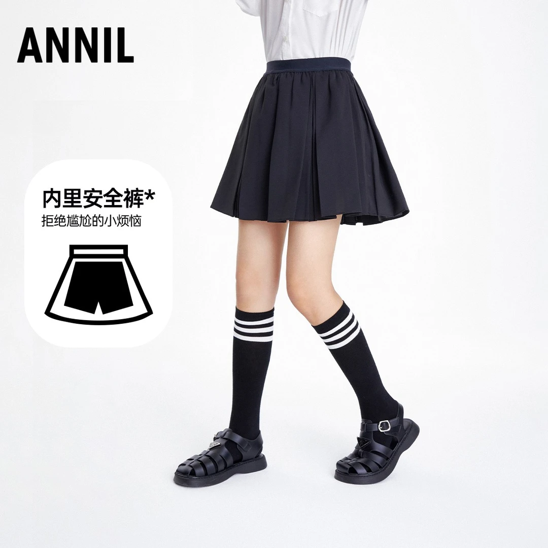 安奈儿童装女童黑色百褶短裙春夏新款儿童含防走光裤学院风半身裙