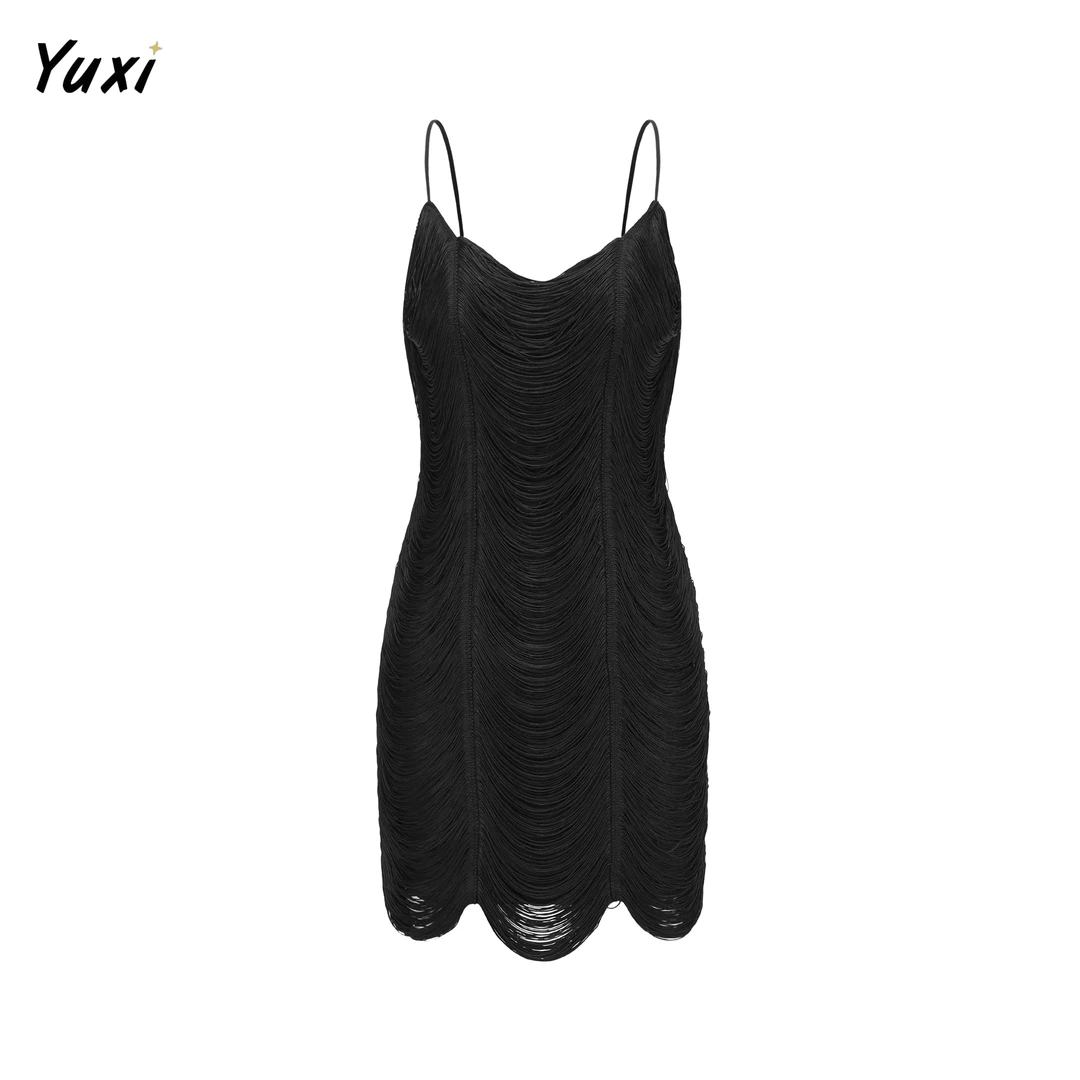 女士环绕流苏连体裙套装练习服轻奢时尚性感黑色露背气质修身包臀