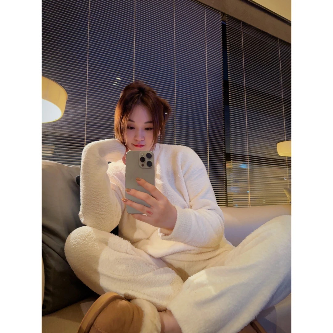 OSENSO“家居服”秋冬半边绒纯色慵懒风宽松毛绒绒睡衣套装TZ230996