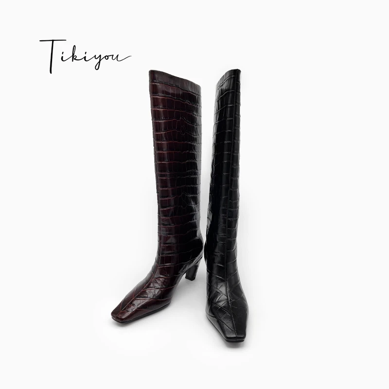 TiKiYou【头层牛皮】时尚小方头6cm小粗跟长靴子及膝靴女 棕色/黑色