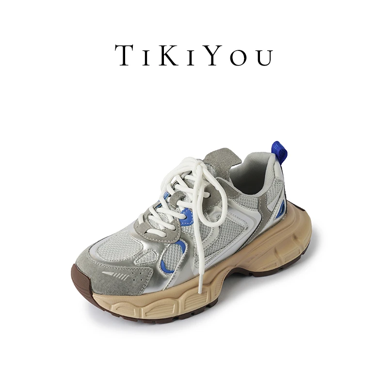 TiKiYou【牛皮+网布】老爹鞋女春季新款5cm厚底拼色运动鞋休闲鞋ins