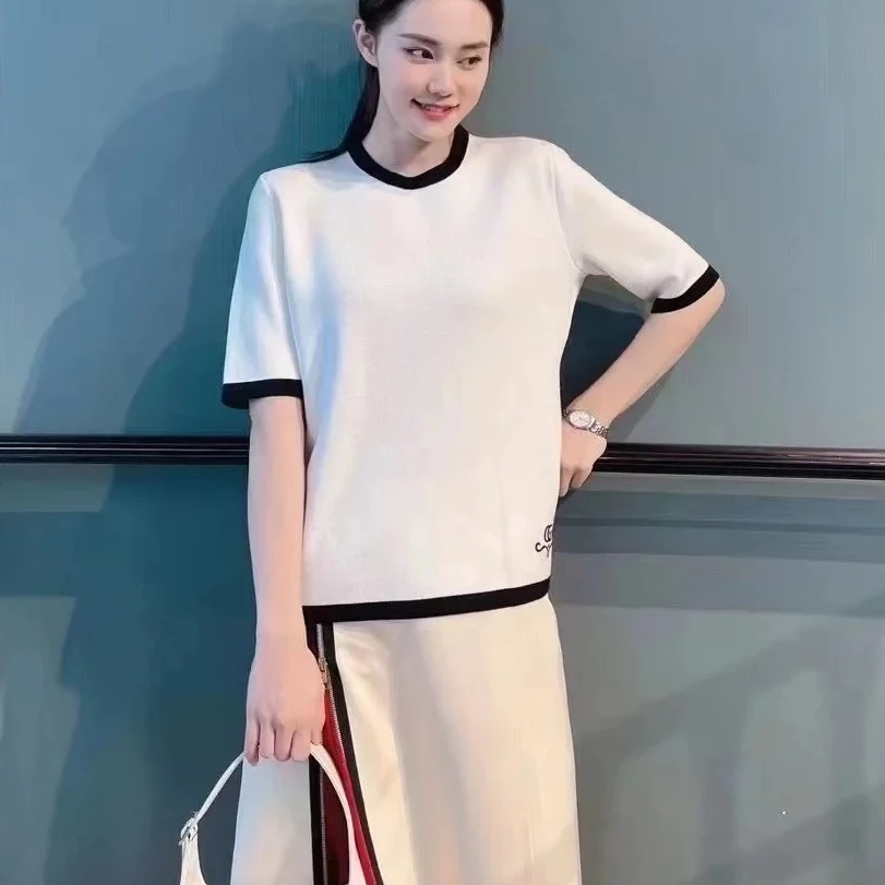 全新未使用 亿颗潮奢miya古驰黑白撞色小香风圆领短袖针织衫 E168