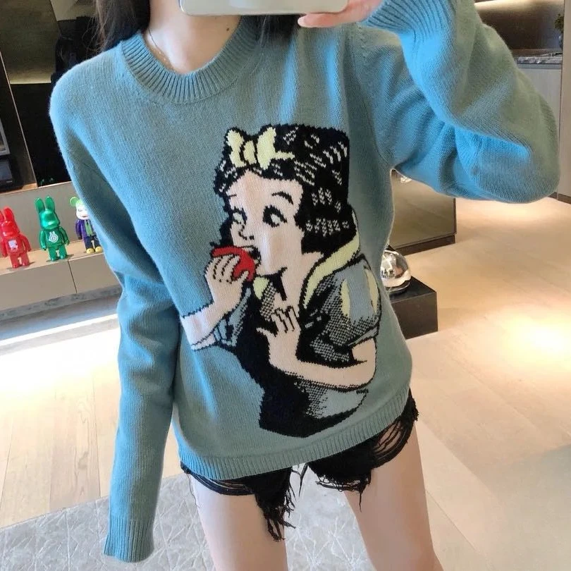 99新 GUCCI/古驰 秋冬宽松蓝色白雪公主羊毛毛衣XS M145