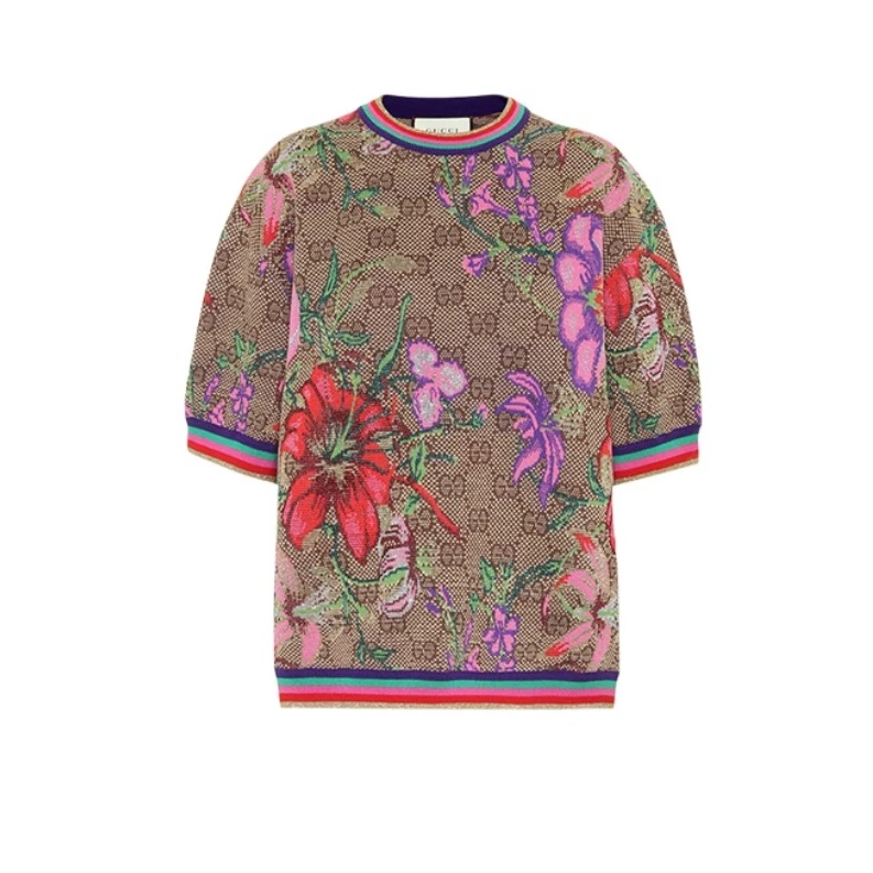 99新 GUCCI/古驰 亿颗潮奢 棕色花卉印花针织短袖毛衣 E232