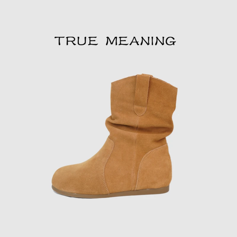 True Meaning秋冬新款短靴女褶皱圆头短筒勃肯堆堆靴休闲复古