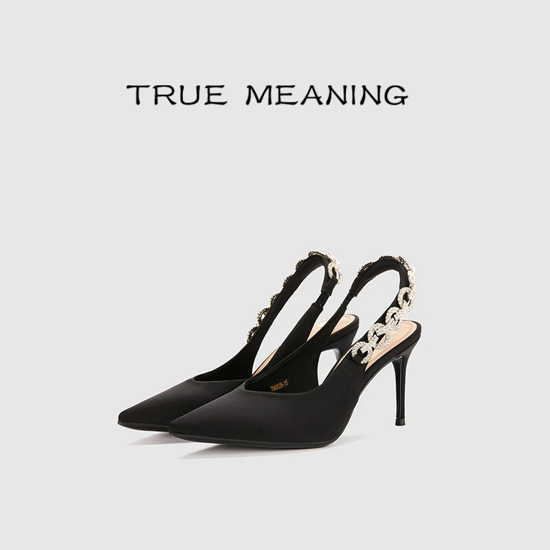 True Meaning夏季尖头浅口高跟鞋百搭时尚细跟酒红色法式气质