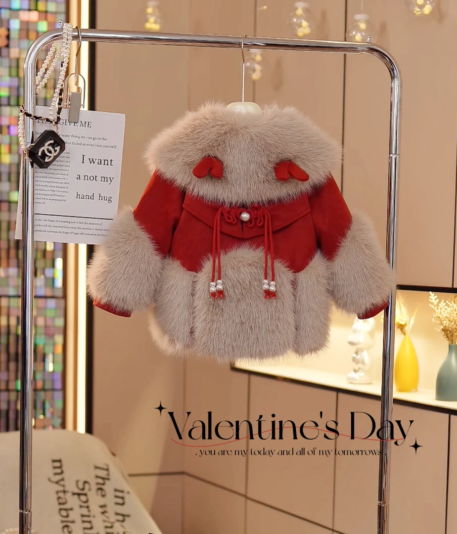 女童装冬款2023新款新年国风红色草草毛毛派克服外套