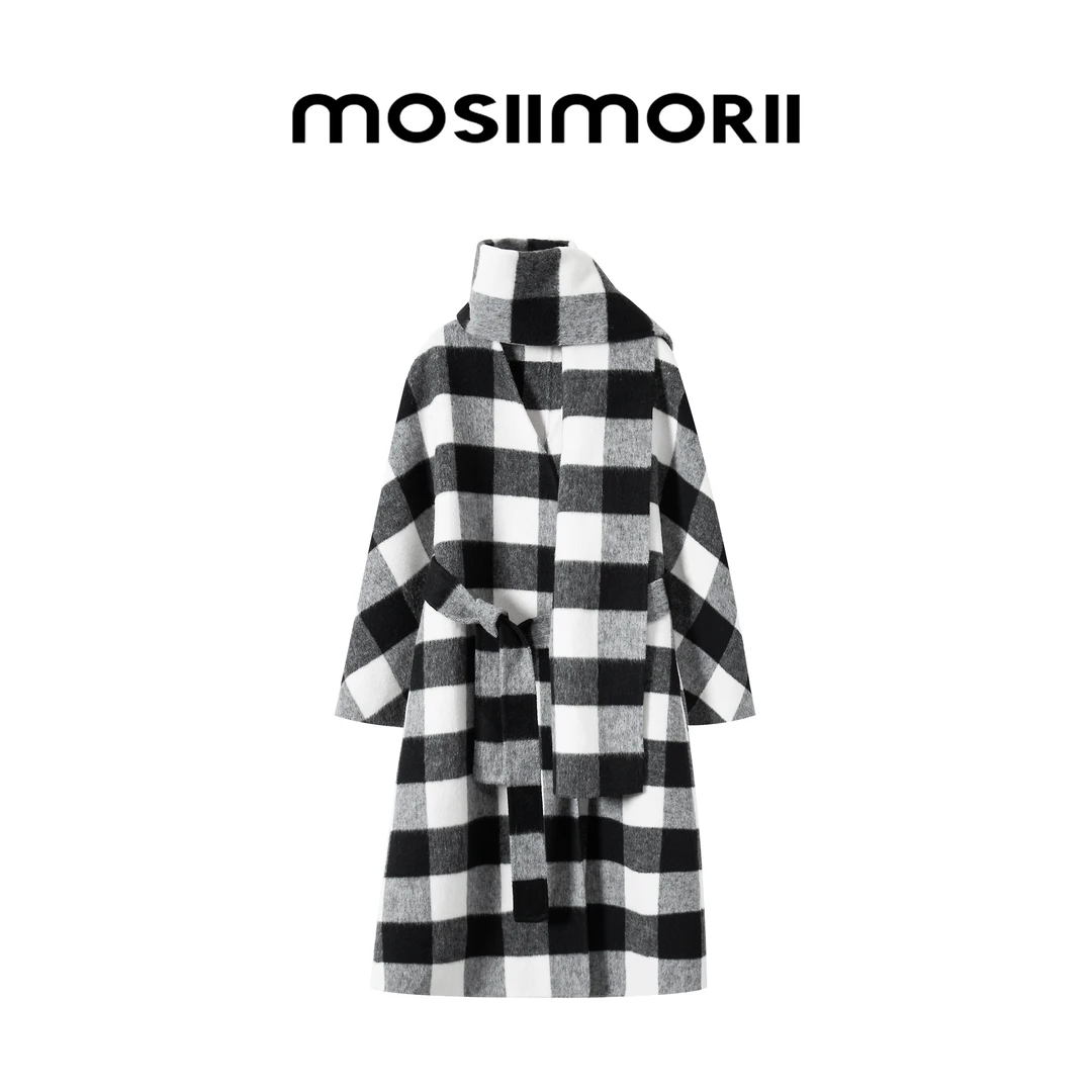 【格格不入】黑白格双面呢大衣设计师高档中长款纯色外套女士秋冬