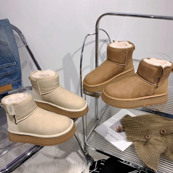 S&J【韩版】A2306冬季百搭时尚雪地靴真皮加绒加厚保暖厚底网红短靴