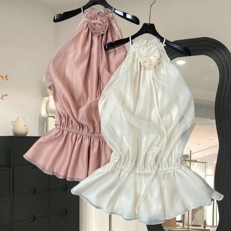 2025夏季新款女装气质温柔立体花朵挂脖连衣裙无袖收腰纯欲A字裙