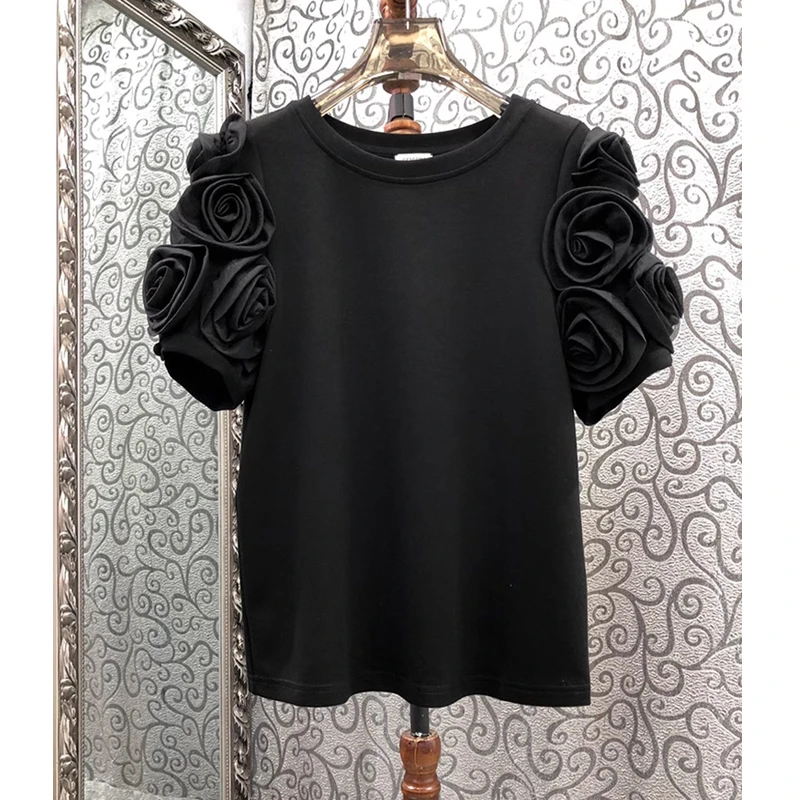 2025新款法式高级感重工立体花朵拼接泡泡袖T恤纯色休闲短袖上衣