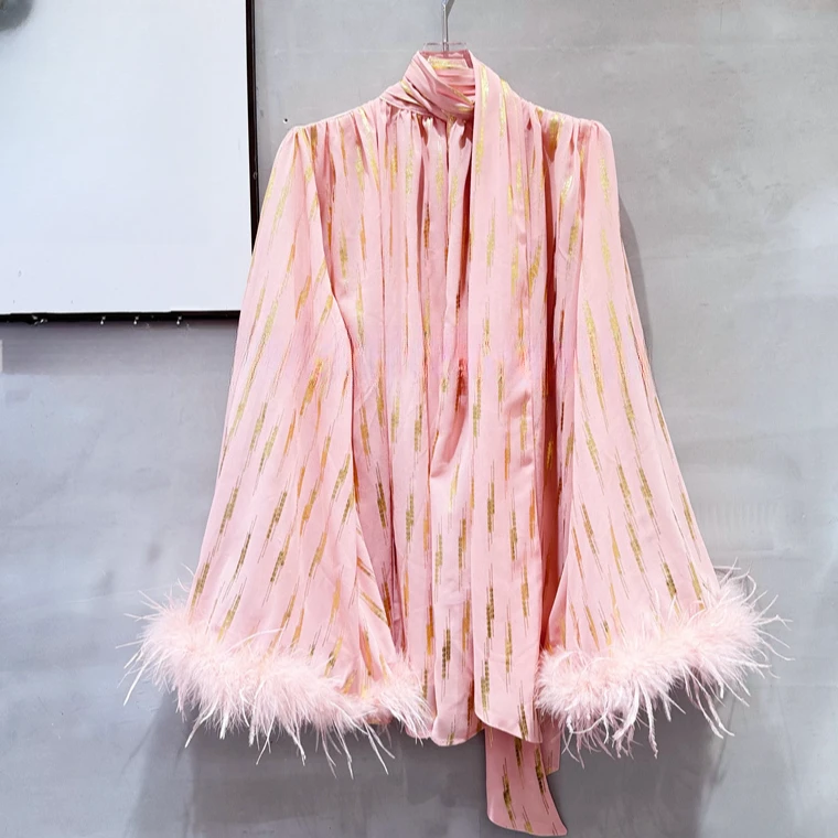 网红同款2025春装新款鸵鸟羽毛高级感蝴蝶结系带宽松长袖衬衫衬衣