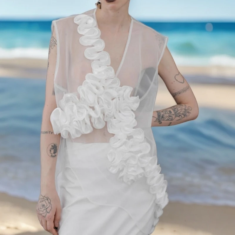 立体花卉网纱无袖马夹女2025流行夏装新款复古港风透视感马甲背心