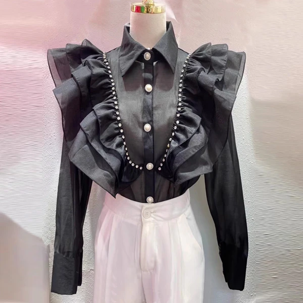 2025春季新款复古港味镶钻立体荷叶边拼接褶皱长袖衬衫单排扣衬衣