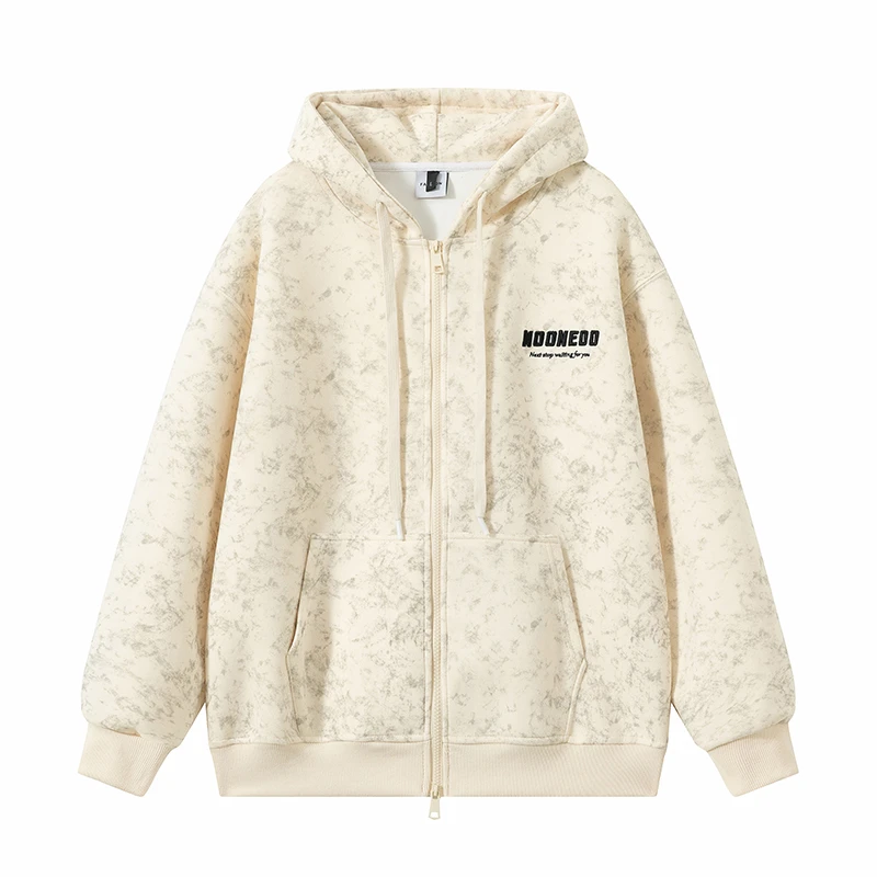 KOPXAY-3春秋新款扎染潮牌连帽刺绣开衫上衣男女宽松重磅卫衣外套