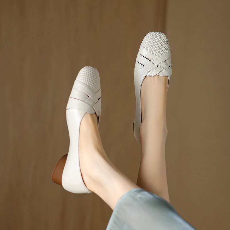 3cm[34-41]春秋新款真皮方头编织乐福鞋女浅口单鞋白色羊皮小皮鞋