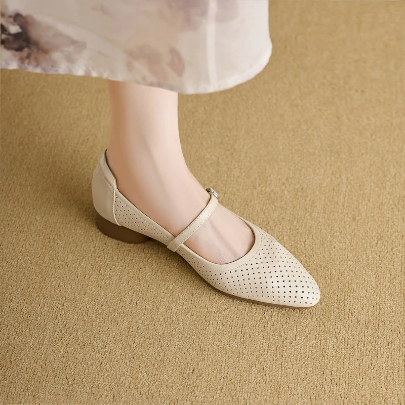 3cm[34-39]软底新款单鞋女2024夏镂空真皮浅口一字带玛丽珍洞洞鞋