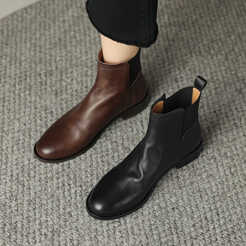 3cm[34-39]软底低跟切尔西靴女法式真皮圆头短靴秋冬季英伦风踝靴