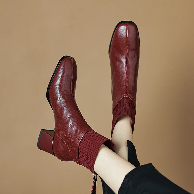 5cm[33-39]秋冬季新款方头针织弹力筒真皮短靴女显瘦粗高跟鞋皮靴