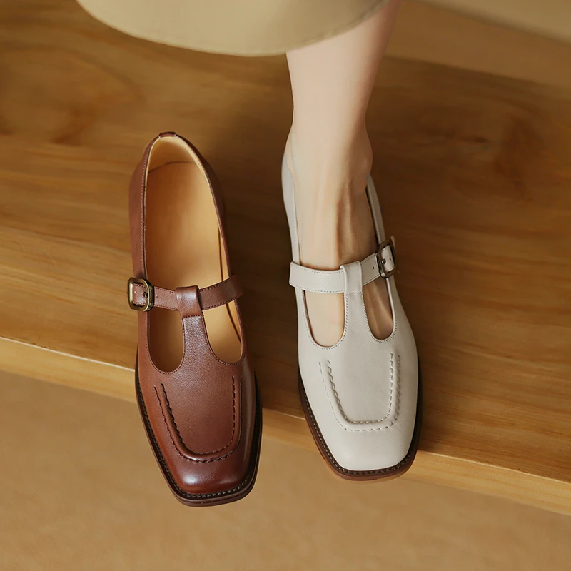 3.5cm【34-41】法式单鞋女方头中跟T字扣粗跟真皮复古玛丽珍单鞋春