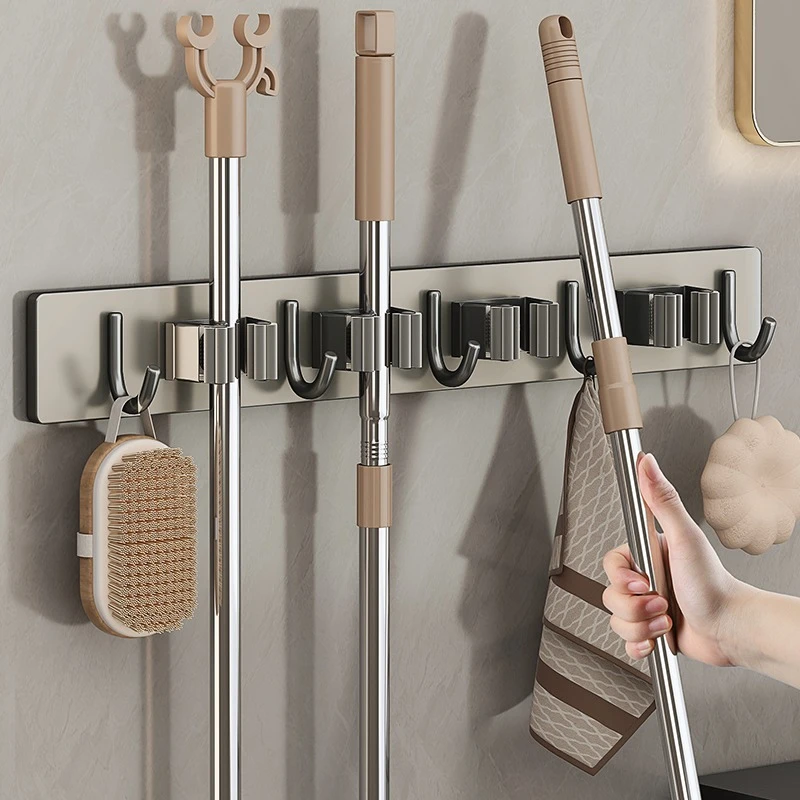 枪灰色拖把壁挂夹挂钩卫生间免打孔无痕墙上不锈钢扫把固定挂架