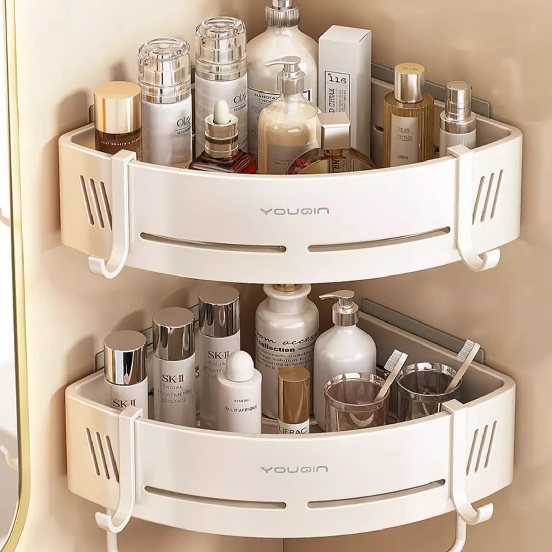 奶油风浴室三角篮卫生间免打孔壁挂置物架厕所收纳架洗漱台挂架子