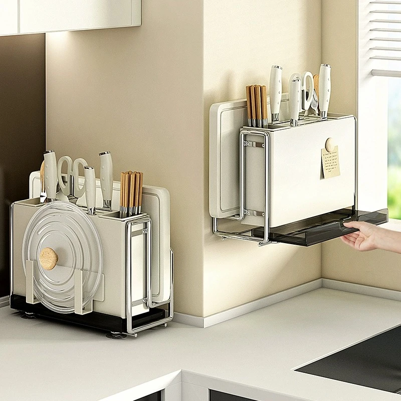 厨房刀架置物架新款家用多功能磁吸筷子刀具收纳架一体放砧菜板架