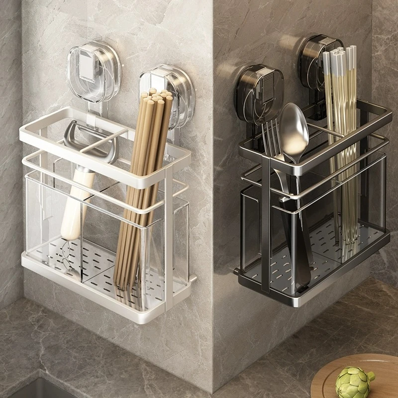 吸盘铁艺筷子架厨房家用筷子勺子收纳盒壁挂沥水筷子筒筷笼置物架