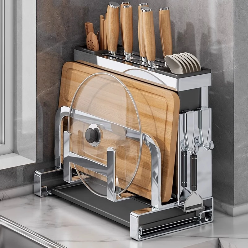 优勤不锈钢厨房刀架置物架锅盖菜板架菜刀筷笼一体砧板刀具收纳架