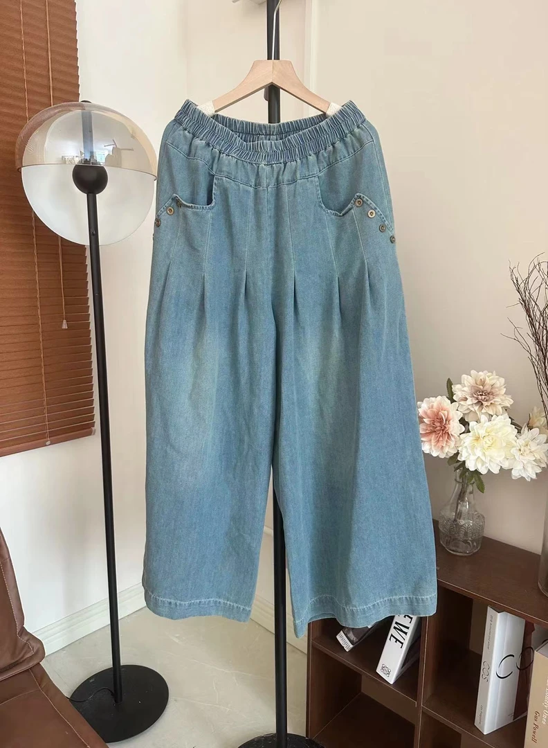 【蓝色韩系牛仔裤】丽丽推荐 早春款宽松韩系松紧腰牛仔裤 带口袋