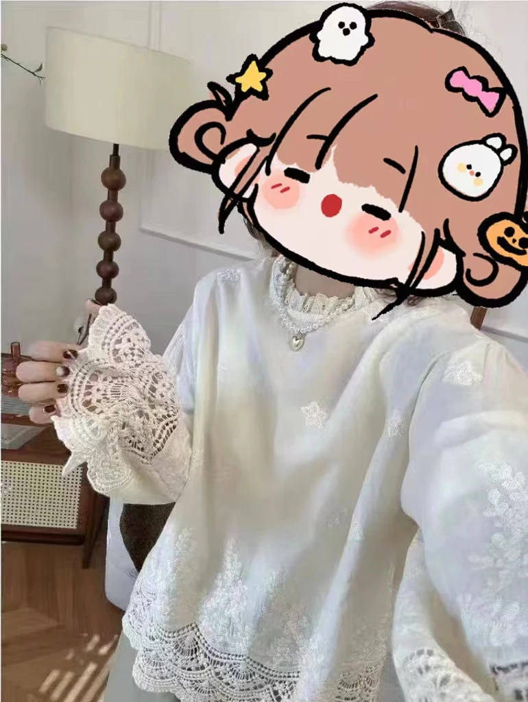 【睫毛弯弯】丽丽推荐 新款高端定制刺绣面料百搭泡泡袖韩版衬衣