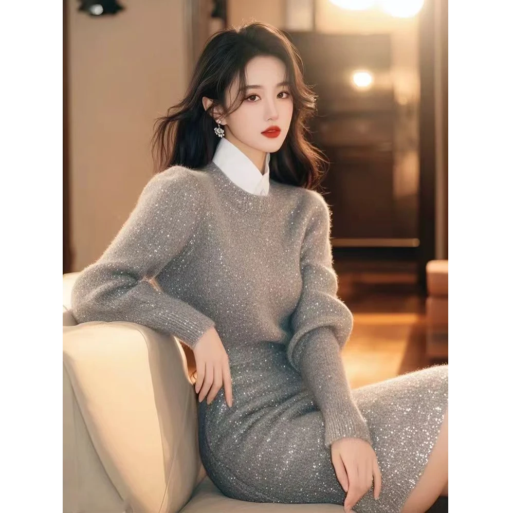 2025气质整套初冬穿搭洋气欧货潮时髦高级感针织毛衣洋气连衣裙