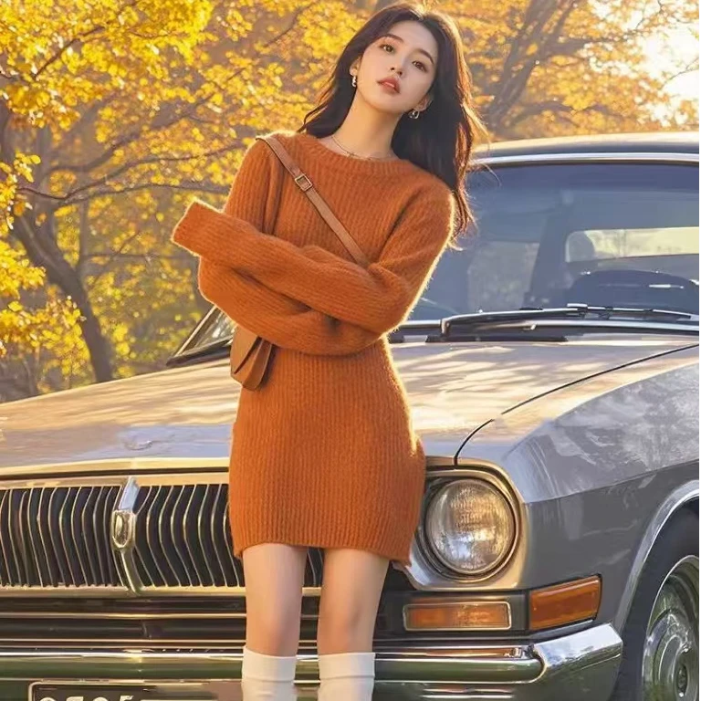 橘色针织连衣裙秋冬内搭慵懒修身显瘦绝美辣妹包臀高级感气质裙子