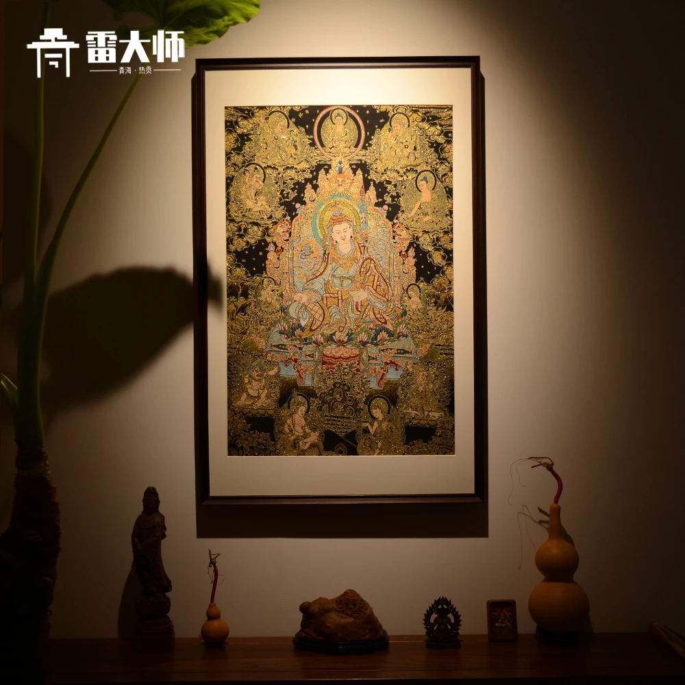 刺绣莲花生大士唐卡茶室玄关装饰画客厅背景墙挂画沙发餐厅入户挂