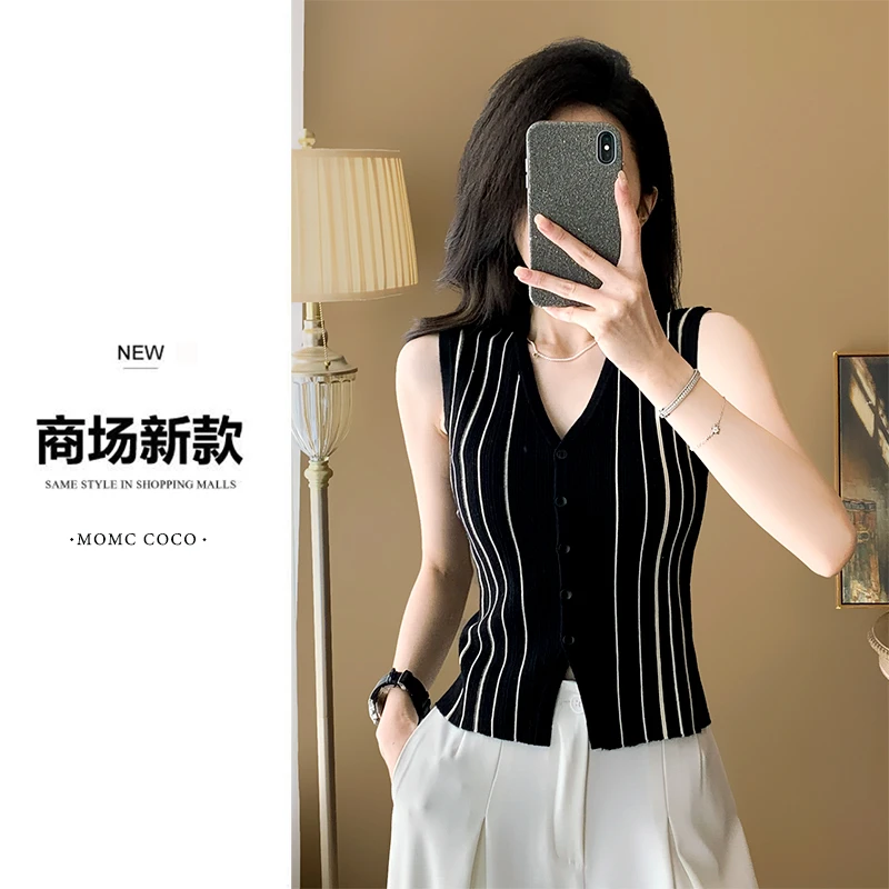 绵羊毛气质条纹时尚针织吊带小香风背心女秋冬修身外穿打底上衣