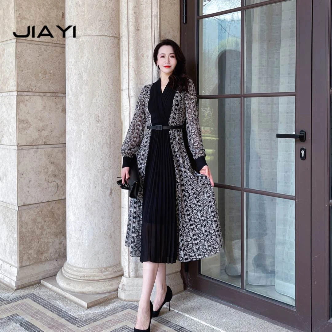 【嘉一】春夏收腰压褶V领中长款连衣裙 JYX-23103