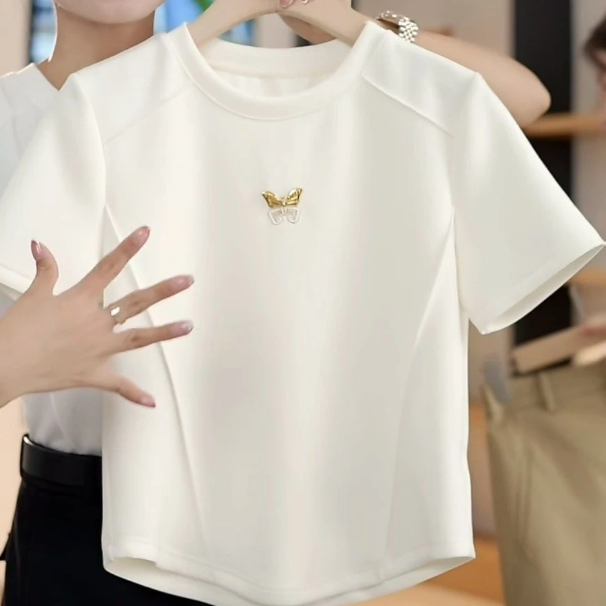 时尚短袖t恤女2025夏季新款设计感小众时髦修身显瘦体恤正肩上衣