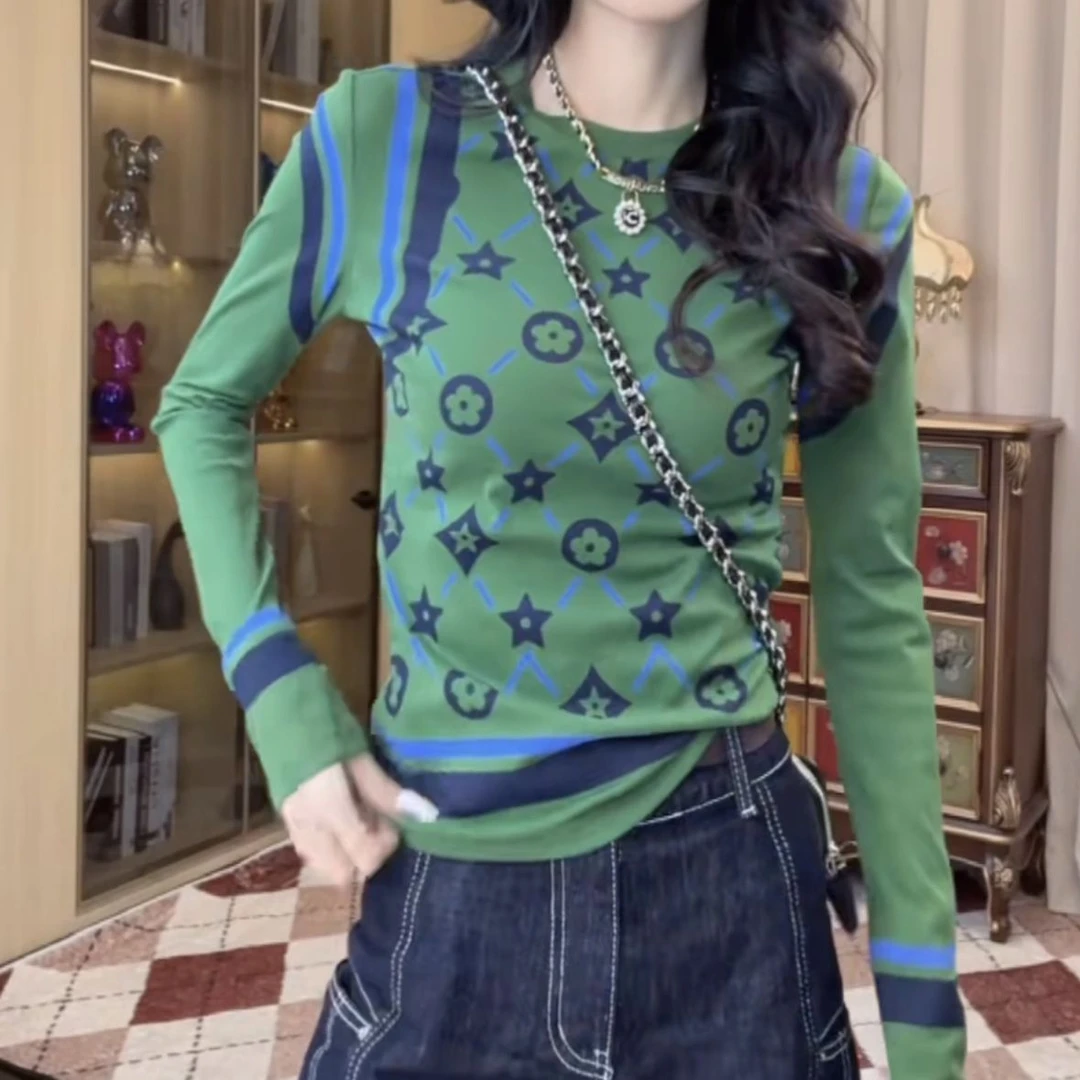 美式复古设计感撞色印花圆领长袖上衣2025春季新款修身显瘦打底衫