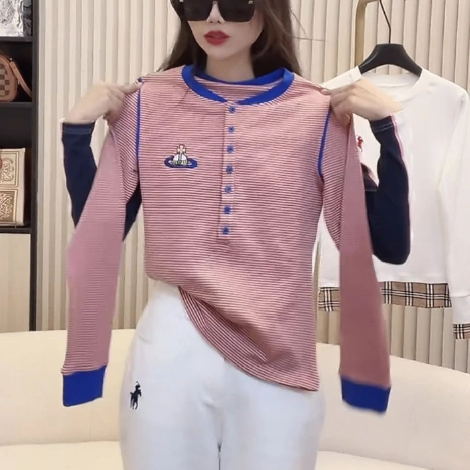 撞色条纹单排扣长袖t恤2025新款休闲百搭时尚印花打底衫上衣