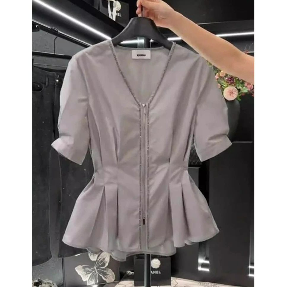 2025复古v领泡泡袖衬衫女夏季新款设计感小众双拉链开衫别致上衣
