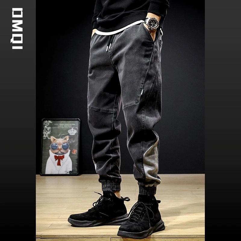 春季拼接牛仔裤男潮牌宽松大码哈伦工装束脚裤秋冬款加绒加厚裤子