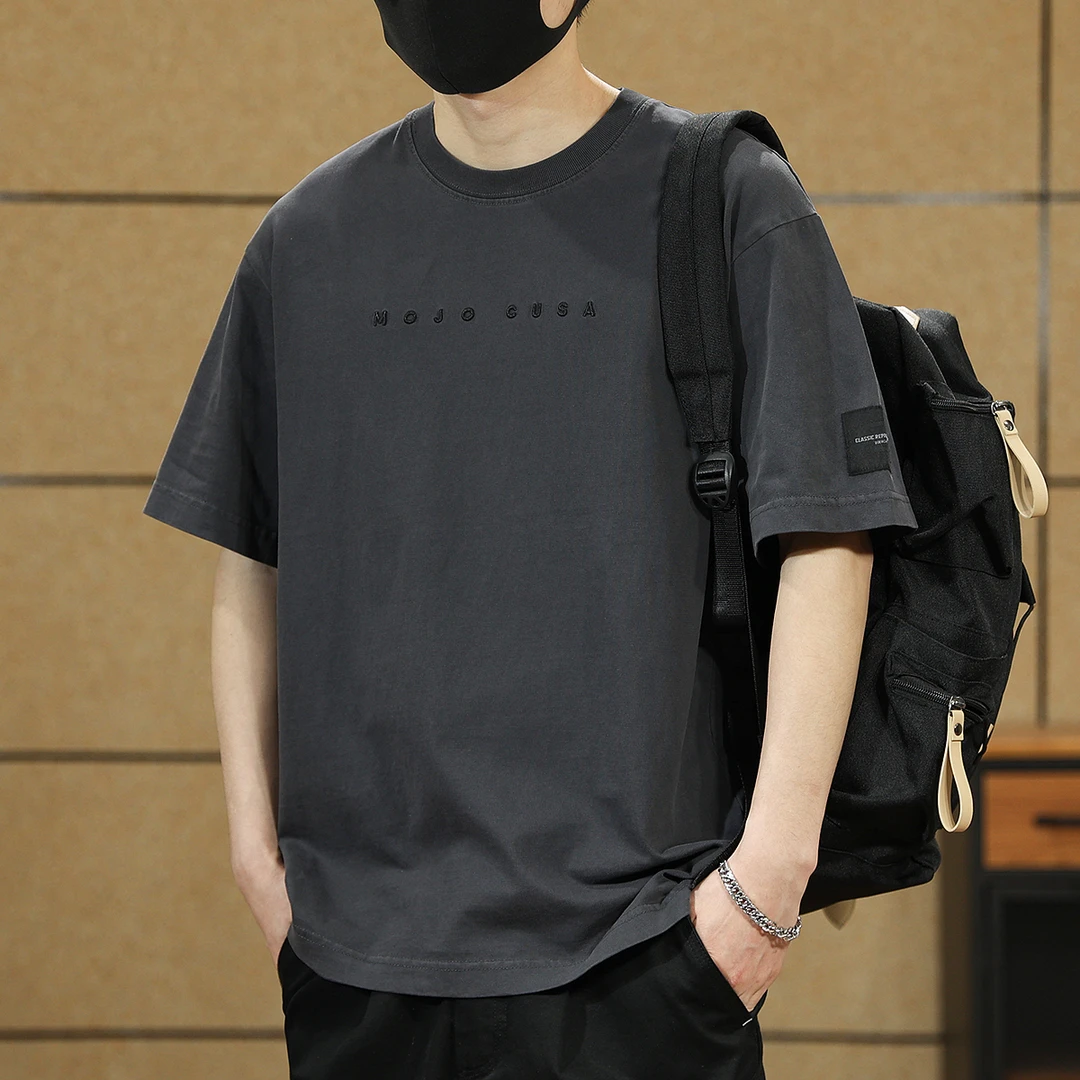 夏季260g重磅短袖t恤男潮牌高密刺绣印花T恤男士纯棉圆领宽松上衣