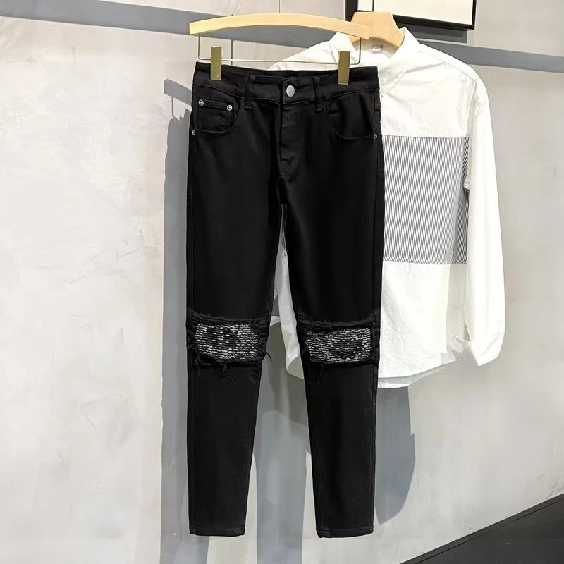 春秋百搭潮牌直筒修身小脚裤男破洞补丁弹力个性时尚休闲牛仔长裤