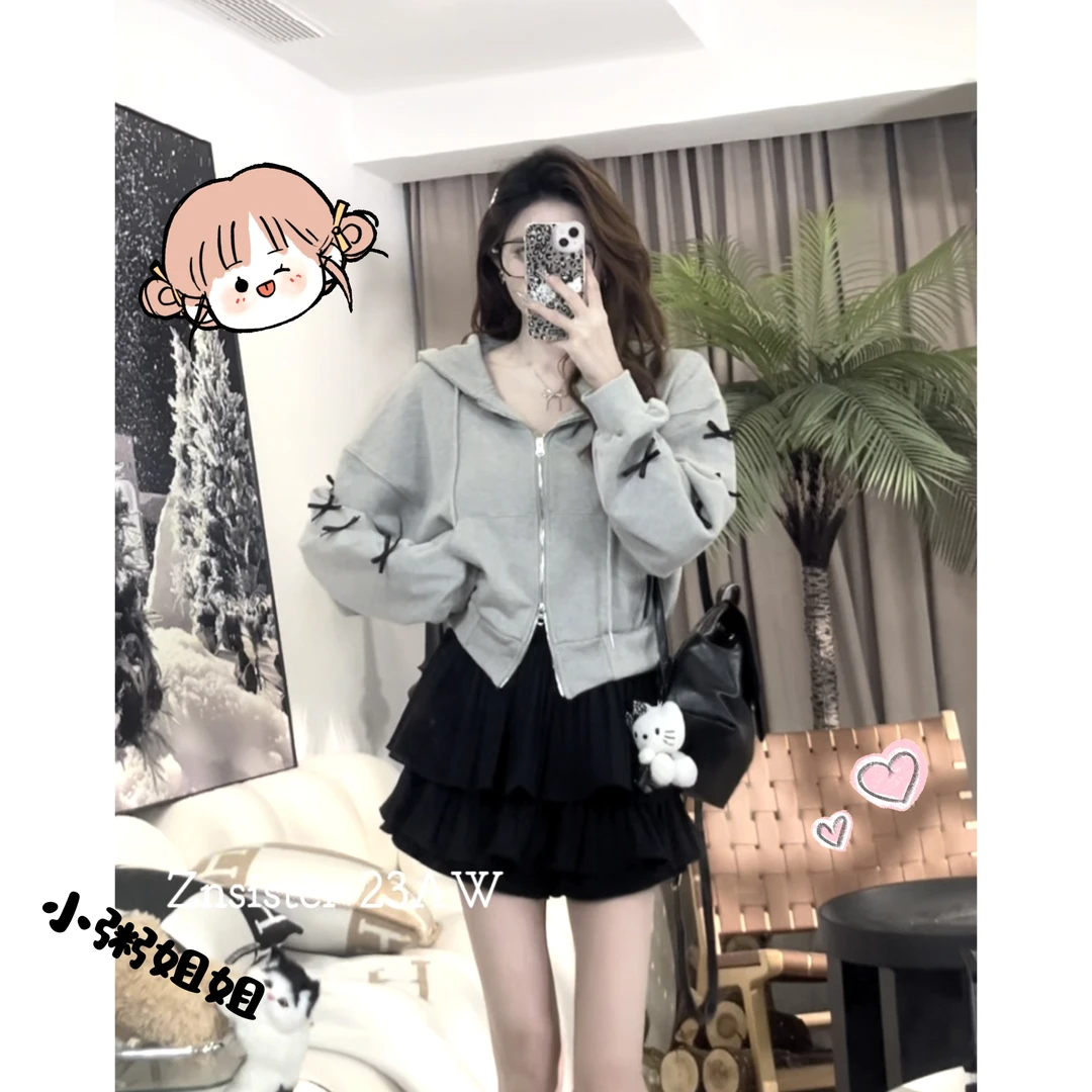 【原版面料】蝴蝶结设计灰色短款长袖宽松连帽卫衣开衫