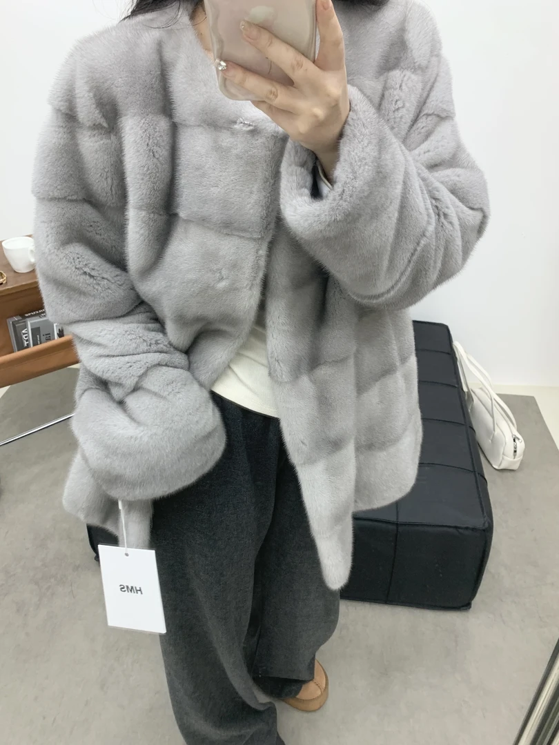 紫标短二水貂-横排靠坎圆领女装原皮原色中长款外套2453